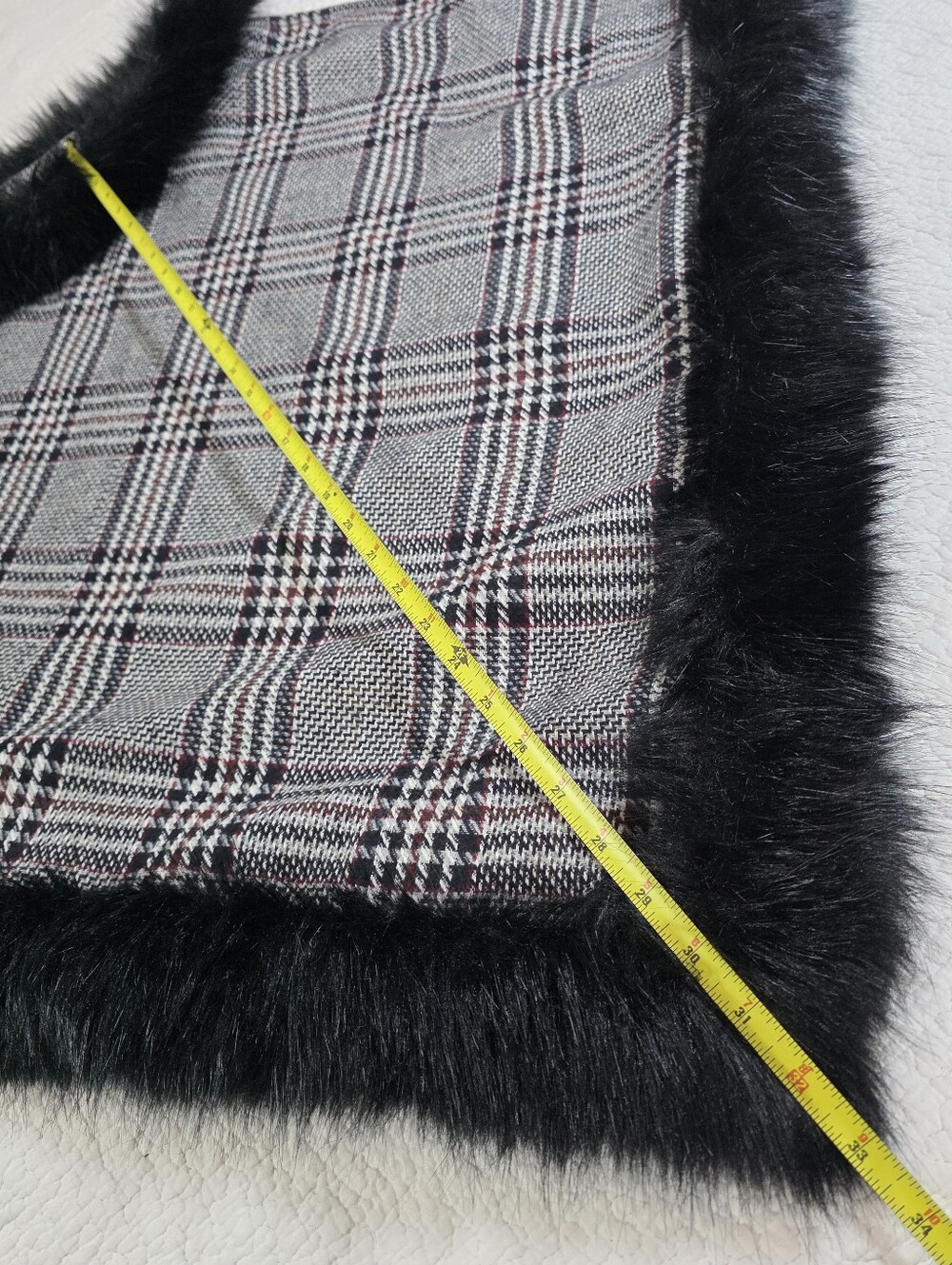 Cherie Bliss Gray Plaid Black Faux Fur Trim Poncho - Picture 3 of 6